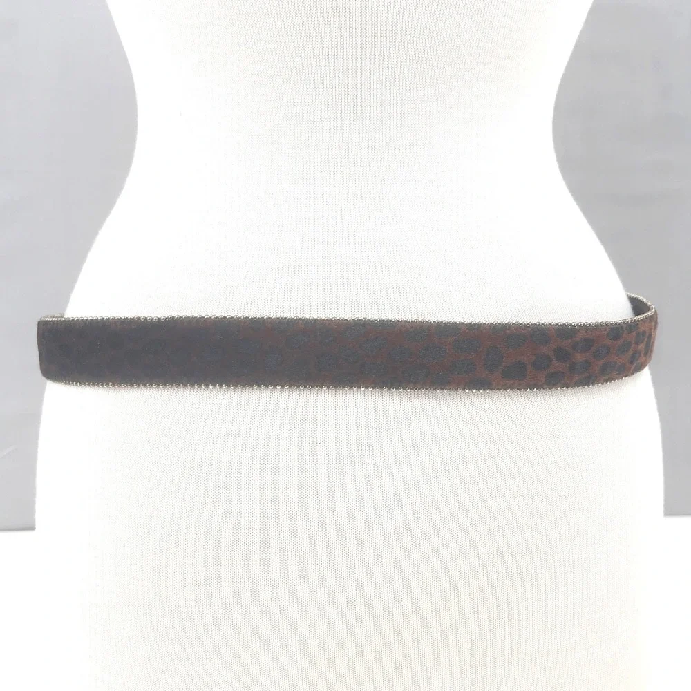 Women's Brown Leopard Faux Pony Hair Belt Beaded Edge Statement Vintage 90s L